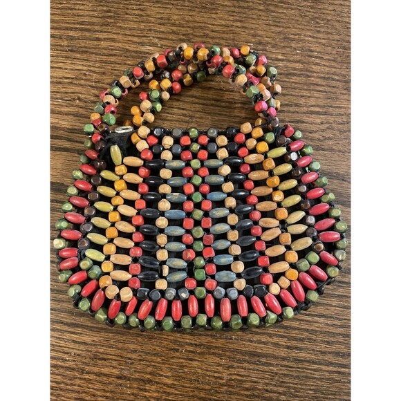 Vintage 1930’s Czechoslovakia Wooden Rainbow Beaded Clutch Mini Purse 6” x 4” - Picture 3 of 9